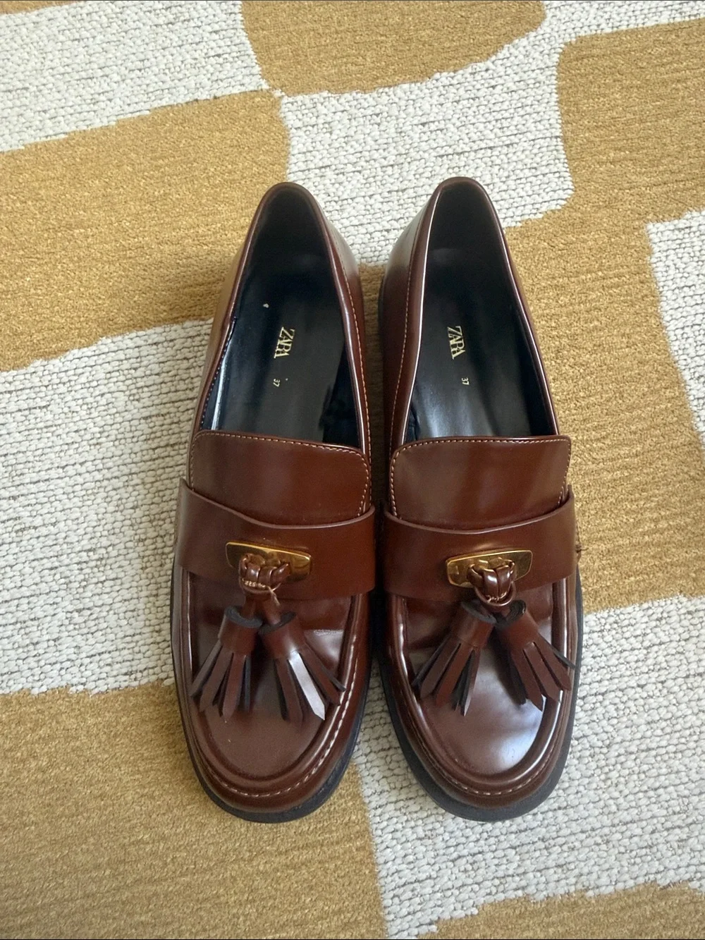 Zara Women’s Brown Tassel Loafers with Gold Accent